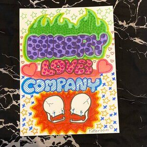 Original MISERY LOVES COMPANY cute skull colorful rainbow poster drawing